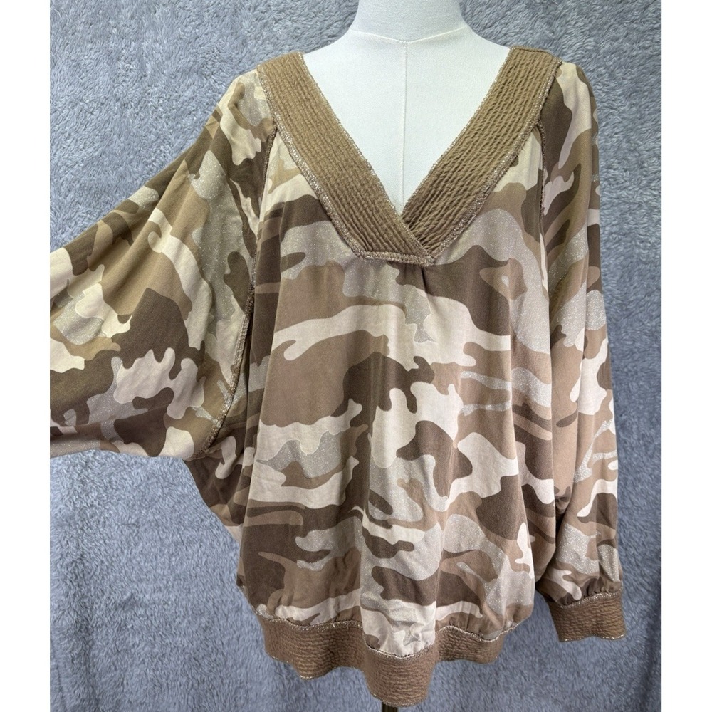 Made in Italy One Size Camo Print Top Brown V Neck Dolman Oversized Boho Chic